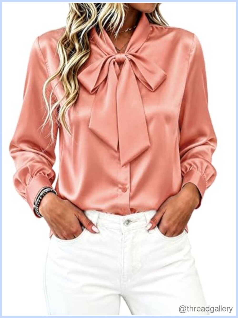 Satin Button Down Blouse Bow Tie Neck Long Sleeve Dressy Business Top